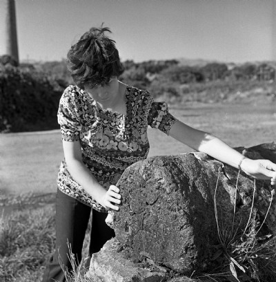 Ladybird examines one of the slag blocks 1974