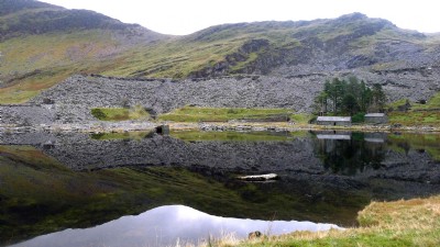 Looking across lake to Cwmorthin tips