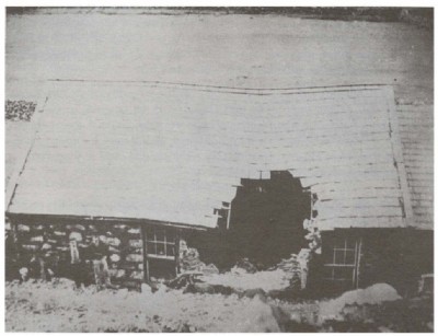 The damage to the chapel at Drws-y-coed after the boulder fell through the roof, 1892
