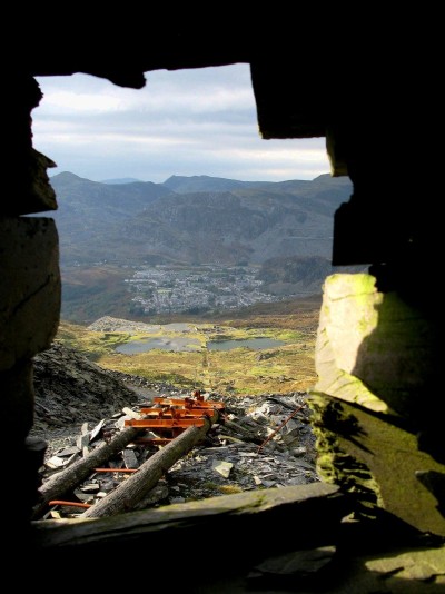 Brakeman's view from his shelter down the top incline to the Lefel Dwr Oer reservoirs and mill and beyond to Blaenau