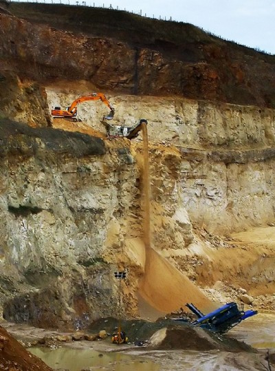 Excavator feeding mobile screen