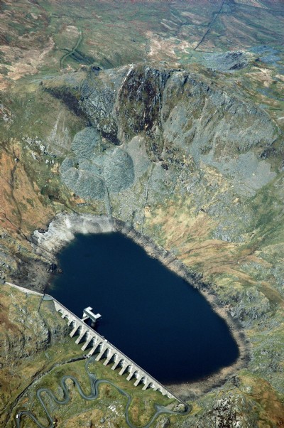 Stwlan Dam with Moelwyn Slate mine