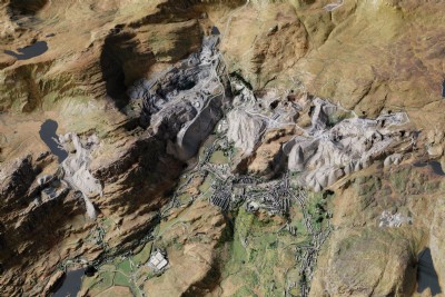 Render of the workings using 1m topography data and satellite imagery
