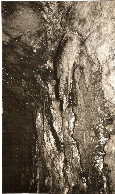 Iron oxide 'stalactite' on the tunnel wall, 1965