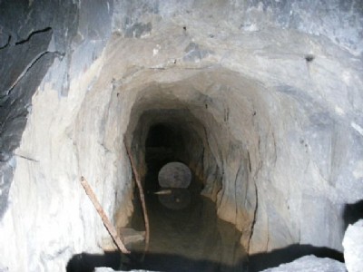 Looking along the adit leading to the T copper mine