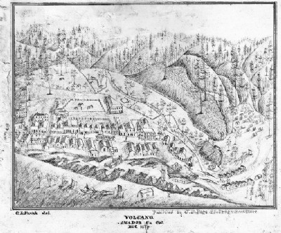 Pencil and ink drawing of Volcano, 1854